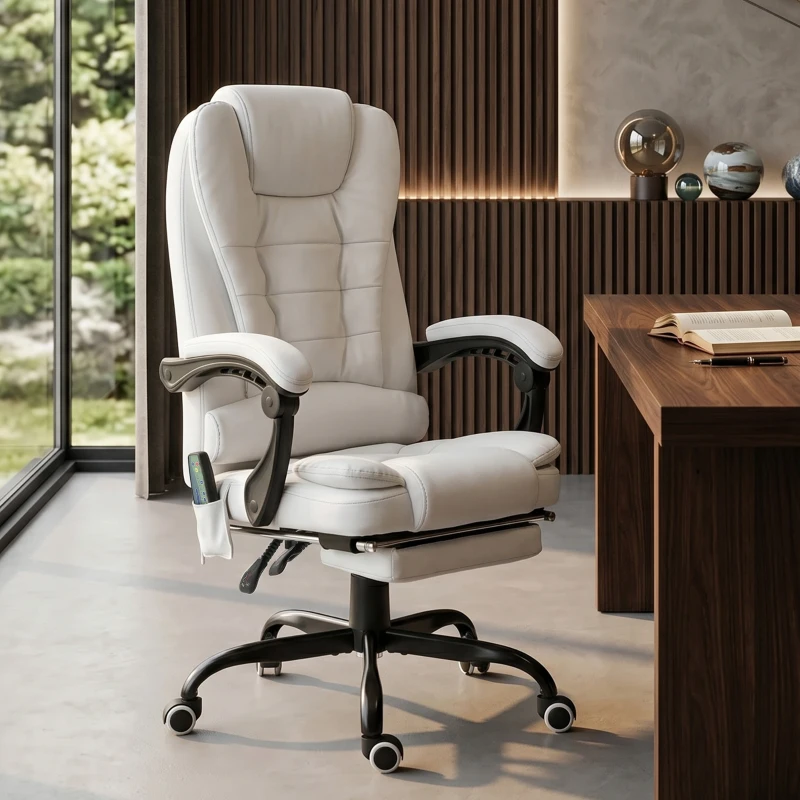 Vinsetto Silla de Oficina con 7 Puntos de Masaje con Reposapiés Retráctil Altura Ajustable Control Remoto y Tejido de PU Blanco