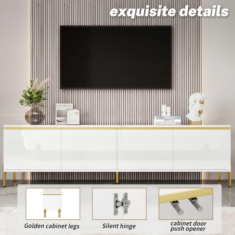 Spacious TV Stand with 4-Door Storage, Functional TV Cabinet for Modern and Italian Minimalist Living Rooms, 170L x 38W x 50H cm, White