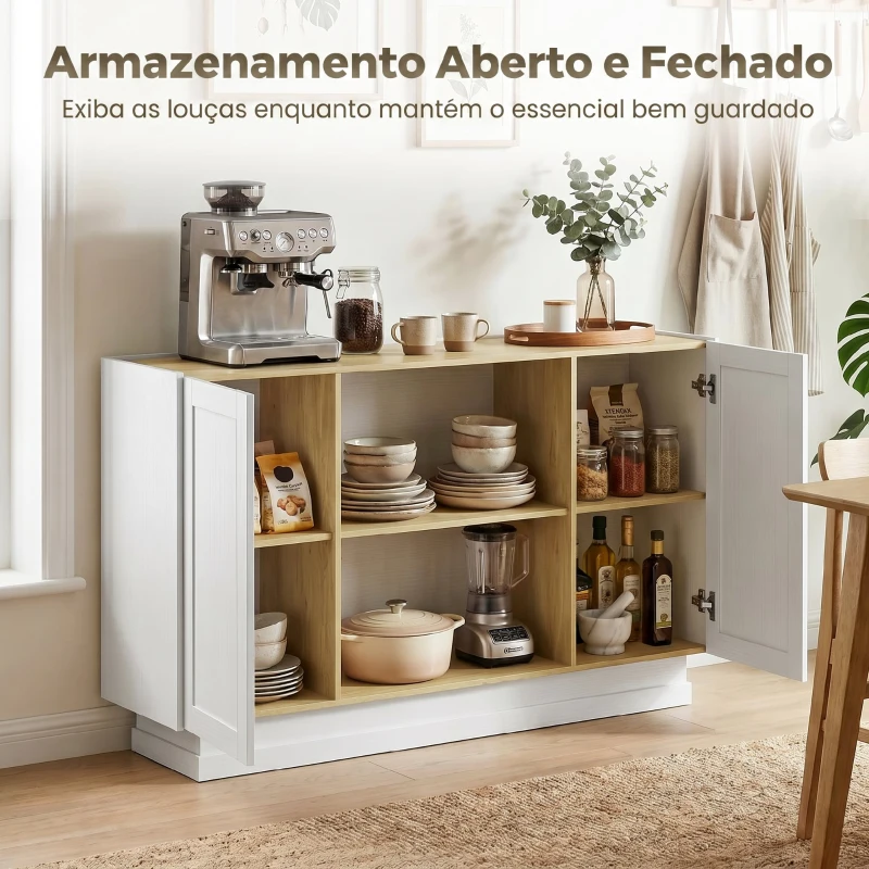 HOMCOM Aparador Moderno com 2 Prateleiras Abertas e 2 Portas de Fecho Suave para Sala de Jantar e Sala de Estar 133x35x79,7 cm Natural e Branco