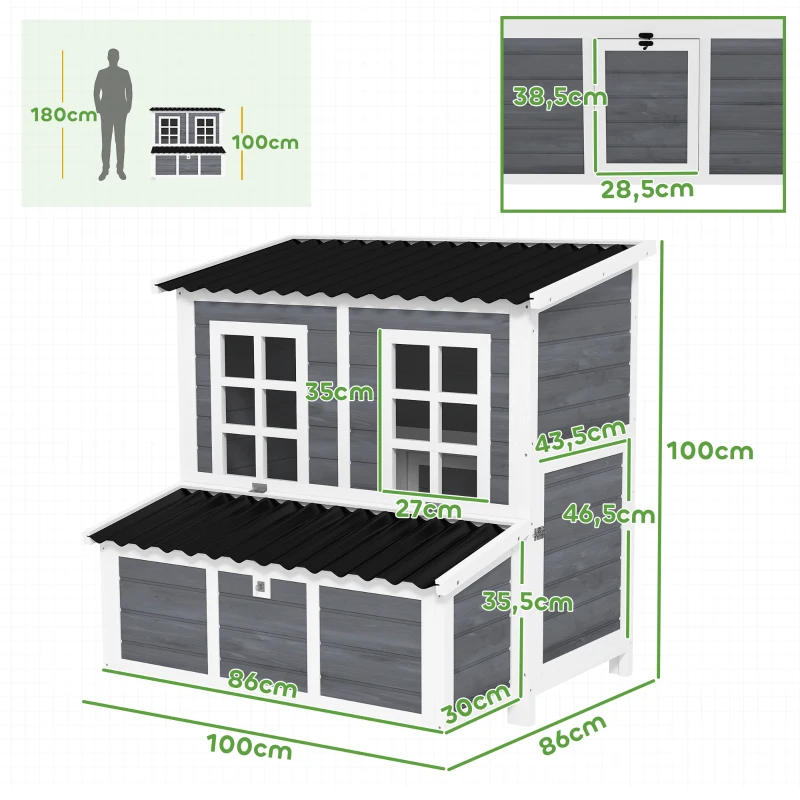 PawHut Gallinero para Exterior de Madera 100x86x100cm 2-4 Gallinas Nido Bandeja Extraíble Techo Impermeable Perchas Gris Claro