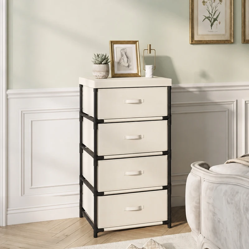HOMCOM Commode de chambre 4 tiroirs en tissu Structure en acier Commode pour salon bureau dressing Beige