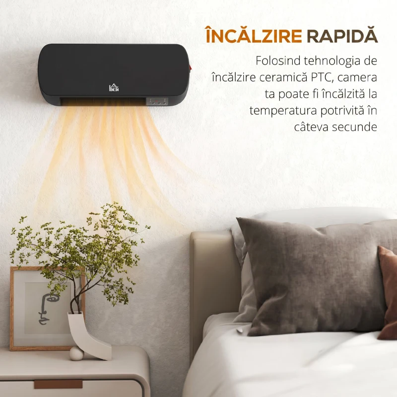 HOMCOM Aerotermă Electrică de Perete cu Telecomandă și Timer 12h, Negru