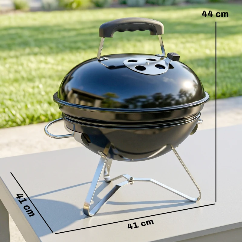 Outsunny Barbacoa de Carbón Portátil Barbacoa de Carbón Redonda Tapa con Soporte Rejilla Ventilación Ajustable Ø41x44 cm Negro