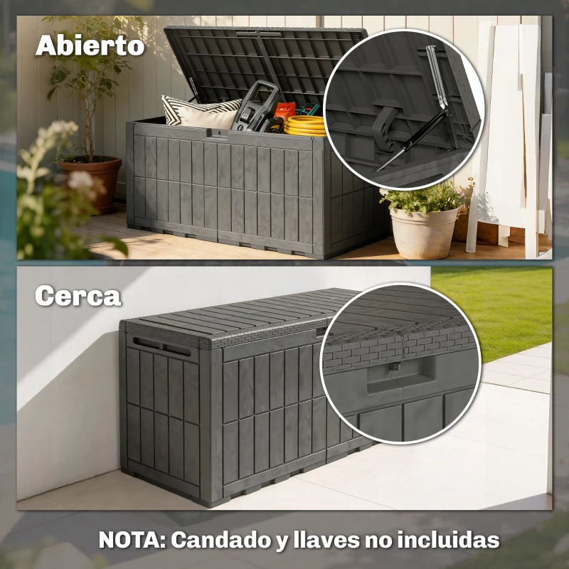 Outsunny Arcón Exterior Capacidad 440L de Resina Resistente al Agua y a los Rayos UV con Tapa Bloqueable Barras de Gas Café