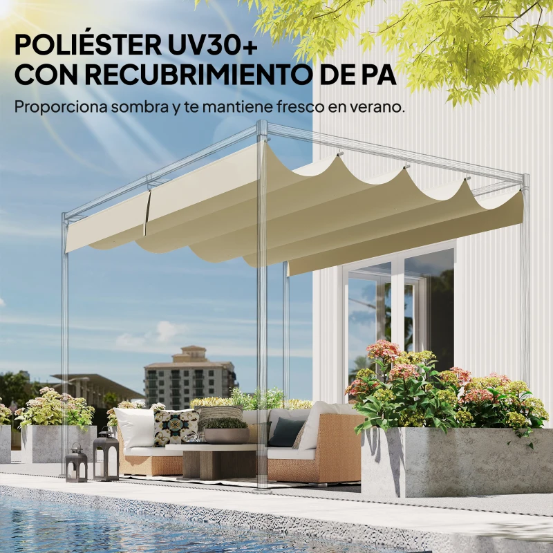 Outsunny Techo de Repuesto Retráctil 4x3,5 m para Marco de 4x3 m Toldo de Tela Solo para Cenador Jardín con 8 Orificios Crema