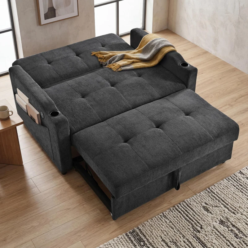Convertible Sofa Bed with Adjustable Backrest, Functional Sleeper with USB & Type-C Charging and Cup Holders, 135L x173W x 58H cm, Dark Grey