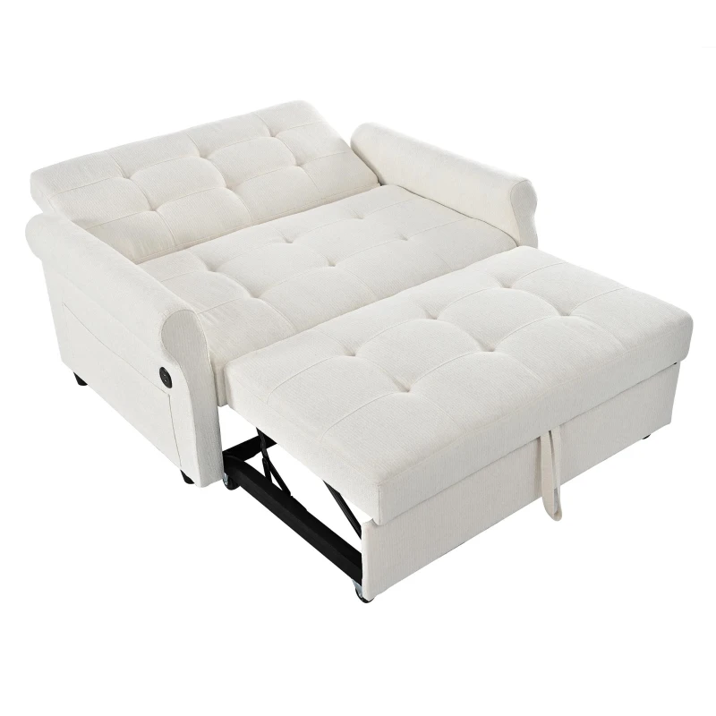 Convertible Sofa Bed with Adjustable Backrest, Functional Sofa with USB & Type-C Ports and Storage Pocket, 135L x 173W x 58H cm, Off White
