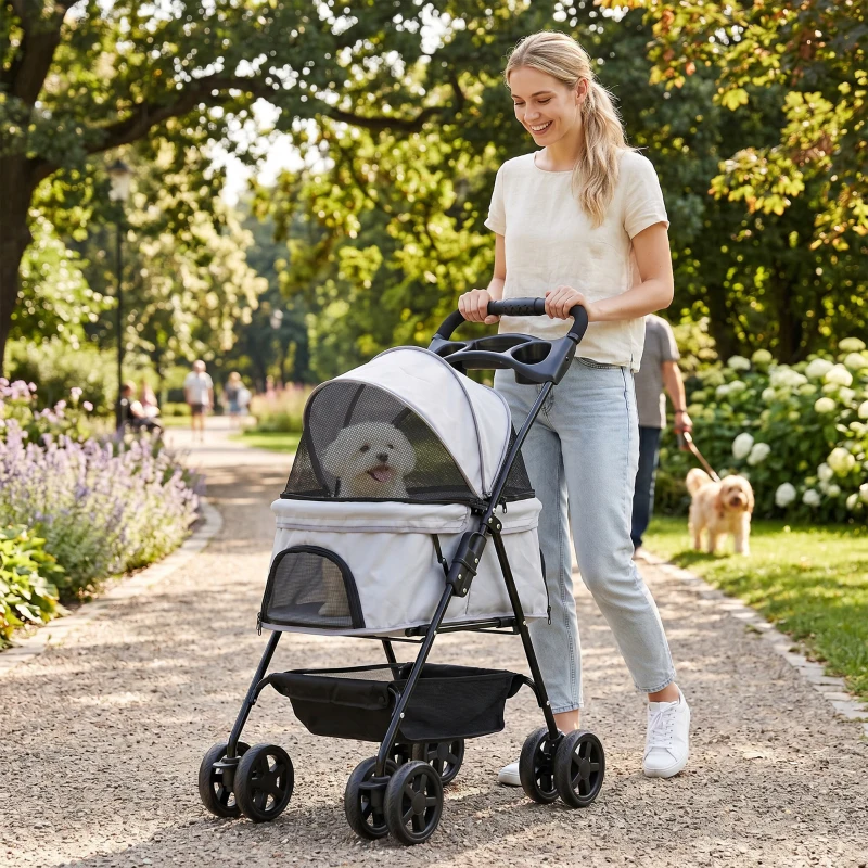 PawHut Carrito para Perros Pequeños con 4 Ruedas Freno Cesta Capota Correas de Seguridad y Ventanas 67x45x96 cm Gris Claro