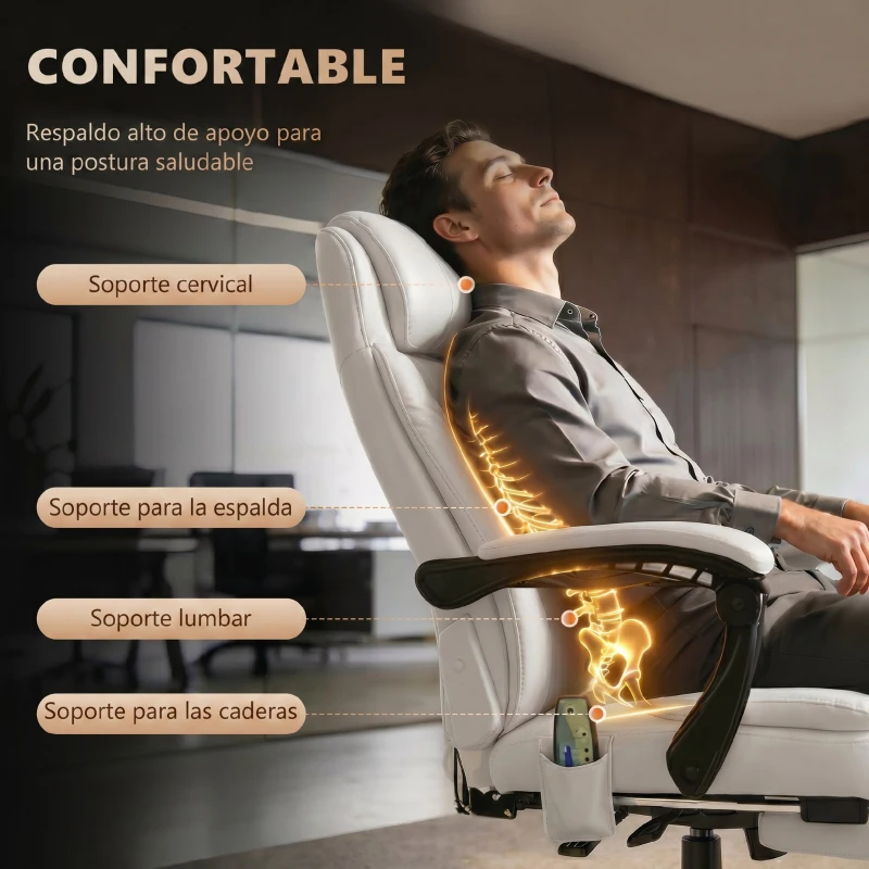 Vinsetto Silla de Oficina con 7 Puntos de Masaje con Reposapiés Retráctil Altura Ajustable Control Remoto y Tejido de PU Blanco