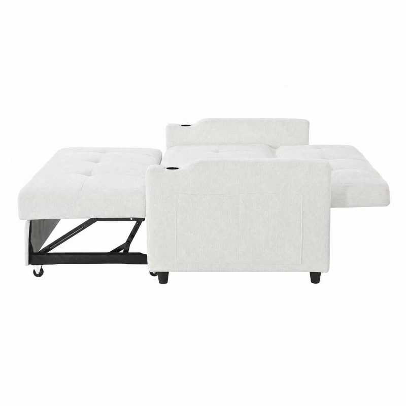Convertible Sofa Bed with Adjustable Backrest, Functional Sleeper with USB & Type-C Charging and Cup Holders, 135L x 173W x 58H cm, Off White