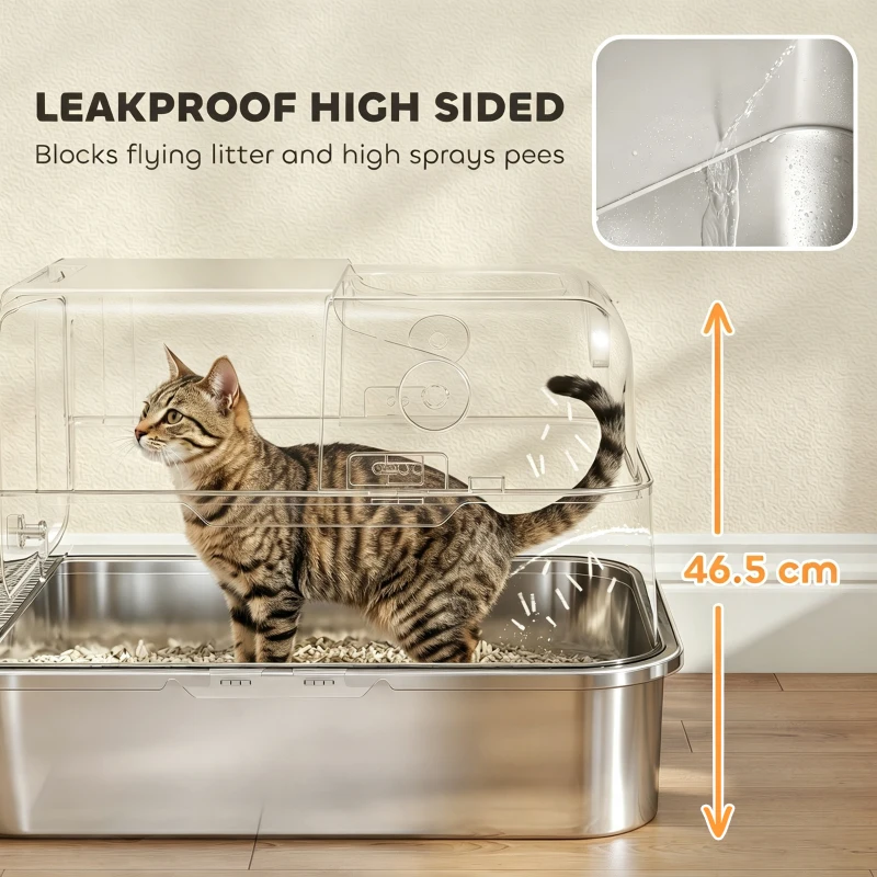 PawHut XXL Stainless Steel Cat Litter Tray, Enclosed Cat Litter Box with 90° Flip Cover, Double Doors, Scoop, Easy Clean, Grey