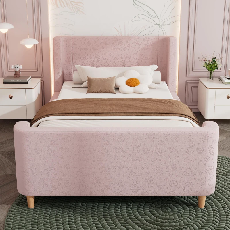 Upholstered Single Bed with Cosmic Print and Padded Headboard, Pink Velvet Bed Frame for Contemporary Bedrooms, 206L x 99W x 76H cm, Pink