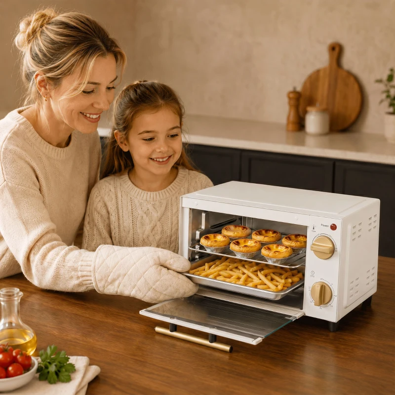 HOMCOM Mini Oven, 9L Countertop Electric Grill, Toaster Oven with Adjustable Temperature and Timer, 750W, White