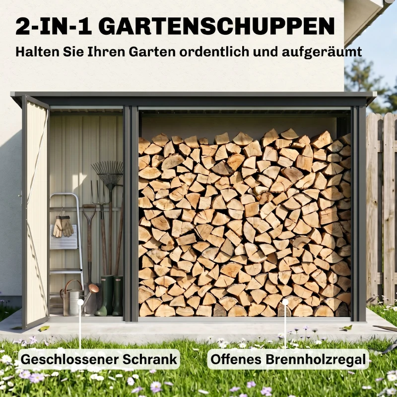 Outsunny 2-in-1 Kaminholzregal Außen verzinkter Stahl 235 x 67 x 149 cm Brennholzregal mit Geräteschrank Schrägdach Dunkelgrau