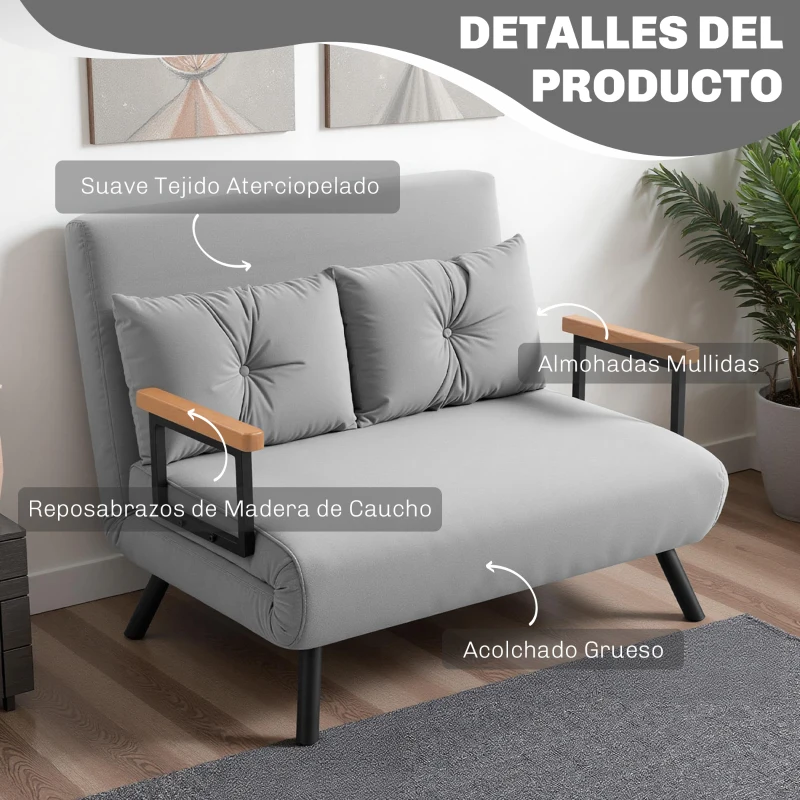HOMCOM Sofá Cama Convertible 4 en 1 Sofá Cama 2 Plazas Plegable Respaldo Ajustable de 5 Niveles Almohadas 102x73x81cm Gris