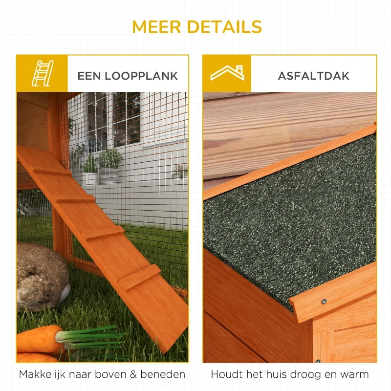 PawHut Kleindierenhok, kleine dierenkooi, buitenkonijnenhok, buitenren, winterbestendig, massief hout, 150 x 45 x 85 cm, Oranje