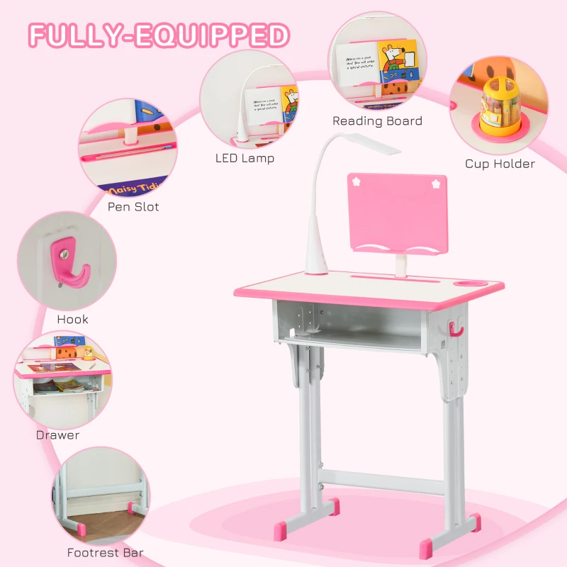 HOMCOM Kids Desk and Chair Set Adjustable Height Study Table Set with Drawer, Book Stand, Pen Slot - Pink