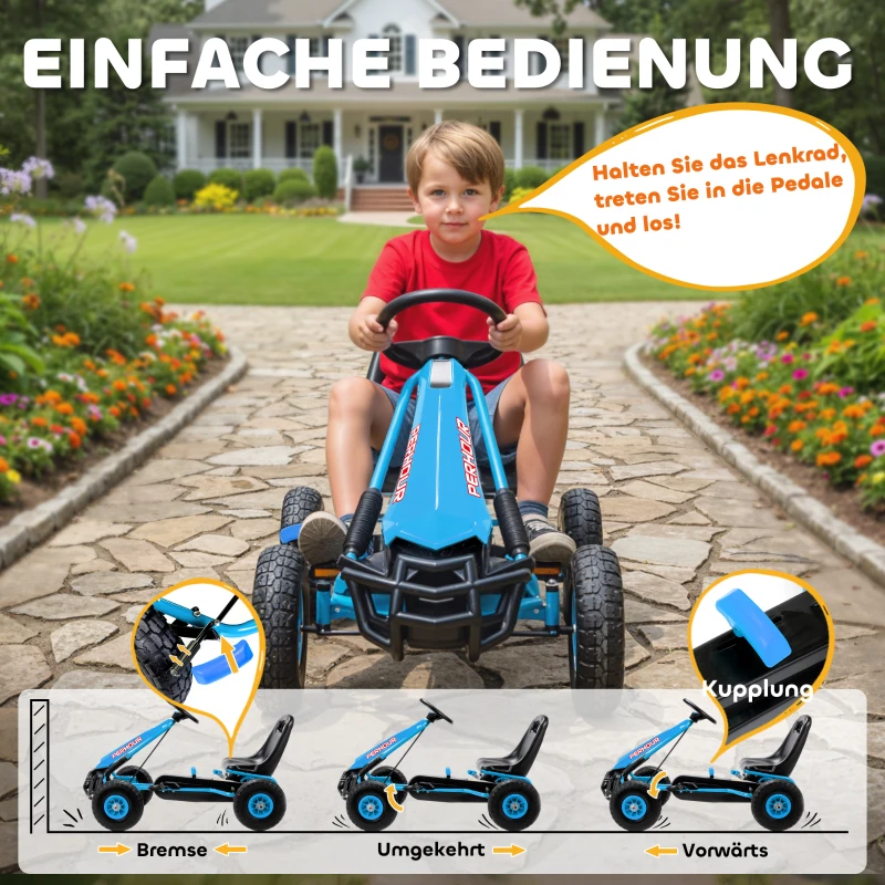 AIYAPLAY Pedal-Gokart für Kinder, höhenverstellbarer Sitz, EVA-Räder, Bremse, Kupplung, 3-8 Jahre, Blau