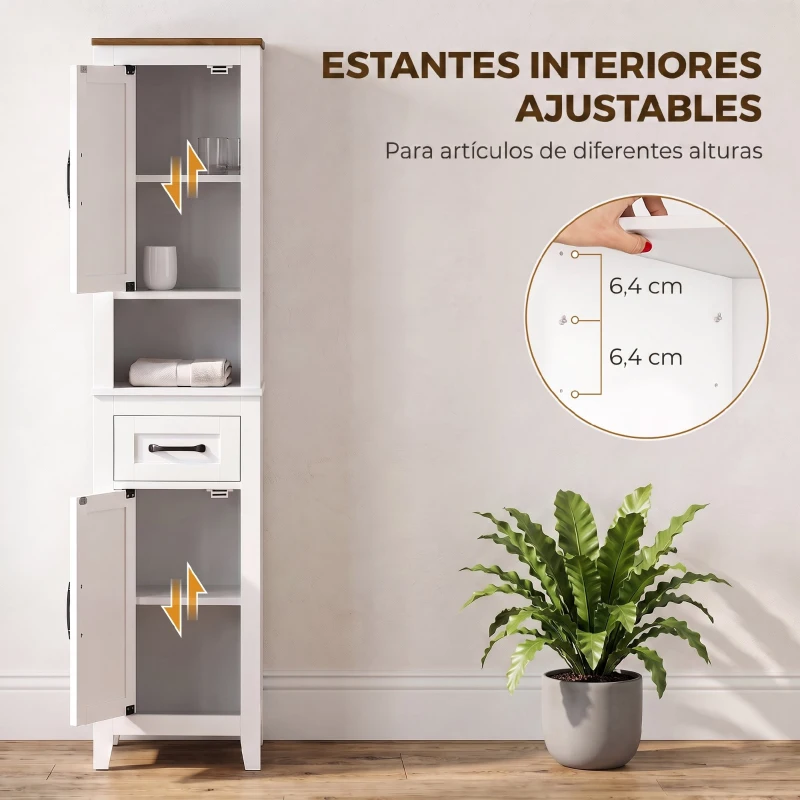 HOMCOM Armario de Baño Alto y Estrecho Rústico con Cajón Estante Abierto Puertas y Estantes Ajustables 34,5x30x148 cm Blanco