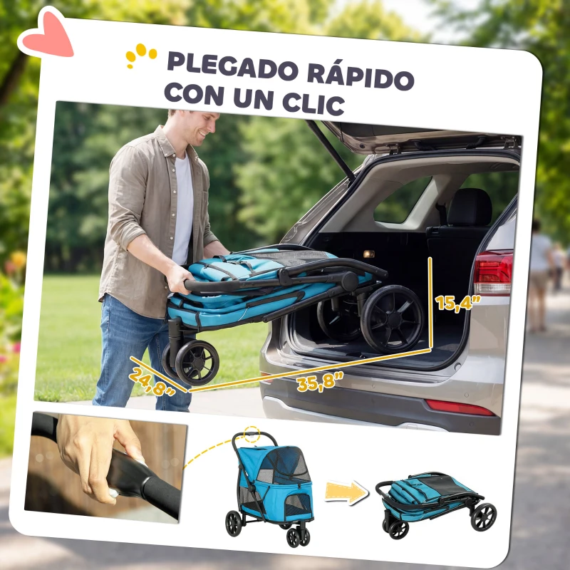 PawHut Carrito para Perros Plegable con 3 Ruedas Ventanas de Malla Cojín Lavable Todo Terreno Carga 20 kg 92x63x95 cm Azul