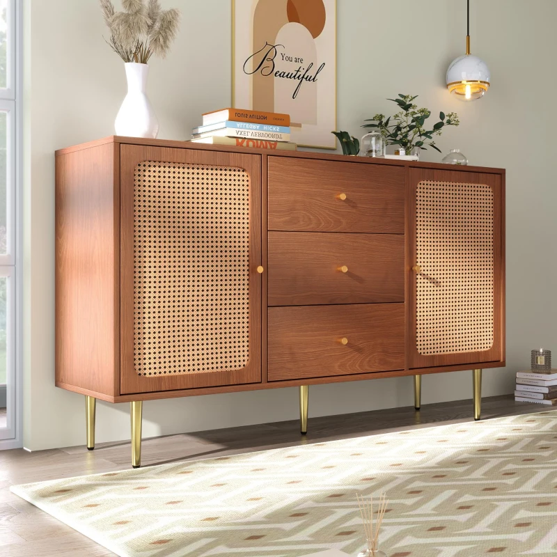 Rattan Sideboard Cabinet with 2 Perforated Rattan-Front Drawers, Walnut 6-Drawer Dresser for Lounge or Dining Areas, 120L x 40W x 90H cm, Walnut