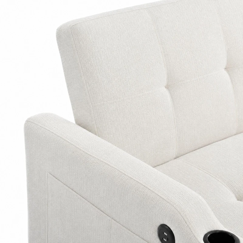 Convertible Sofa Bed with Adjustable Backrest, Functional Sleeper with USB & Type-C Charging and Cup Holders, 135L x 173W x 58H cm, Off White