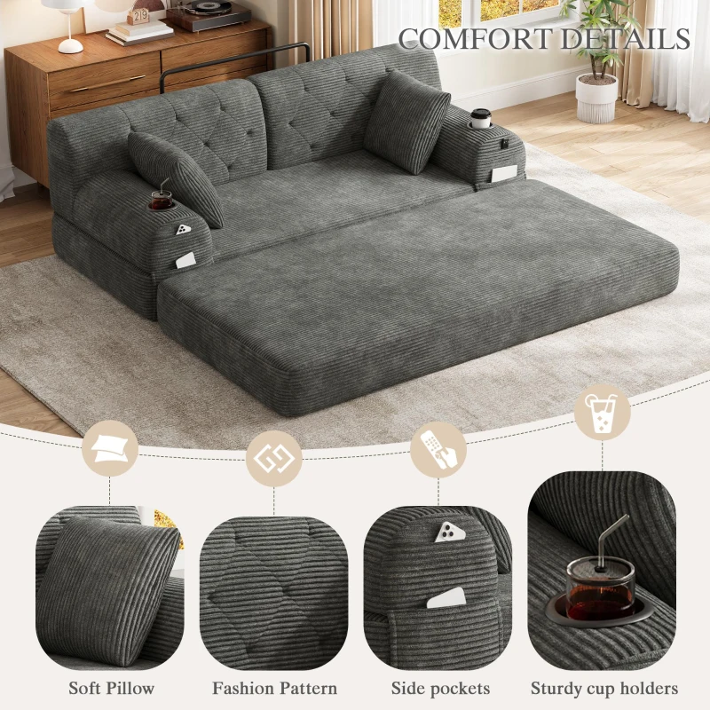 Corduroy Convertible Sofa Bed with Metal Frame and High-Density Foam, 2-Seater Sleeper Sofa with High Backrest, 168L x 80W x 81H cm, Dark Gray