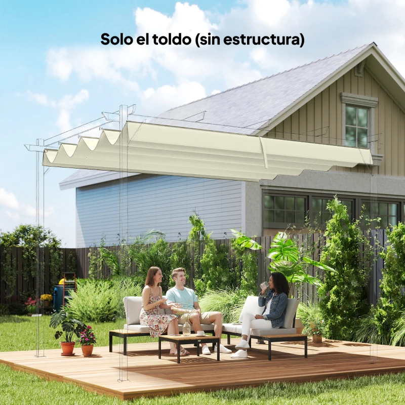 Outsunny Techo de Repuesto Retráctil 3x2,5 m para Marco de 2,85x2 m Toldo de Tela Solo para Cenador Jardín con 8 Orificios Crema