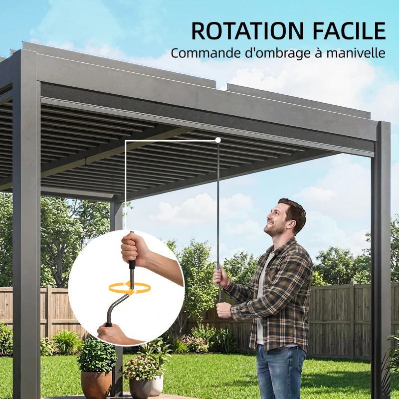 Outsunny Pergola bioclimatique 4x3m, pergola aluminium avec lames orientables, manivelle, stores latéraux coupe-vent, gris foncé