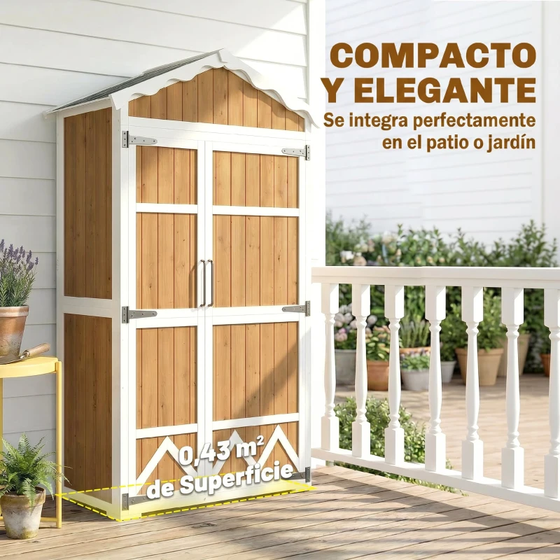Outsunny Caseta de Jardín de Madera 105x55x179 cm Armario para Herramientas con 4 Estantes Techo de Metal Galvanizado Natural