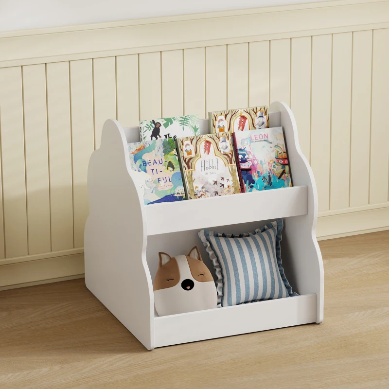 AIYAPLAY Kinderregal, 2-stöckiges Kinder-Bücherregal mit Rädern, 4 Regalen, für Kinderzimmer, Spielzimmer, 54x50x56 cm, Weiß