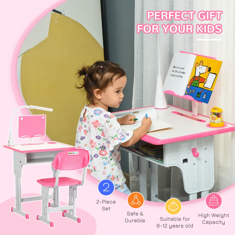 HOMCOM Kids Desk and Chair Set Adjustable Height Study Table Set with Drawer, Book Stand, Pen Slot - Pink