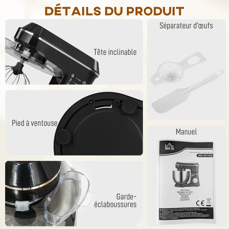 HOMCOM Robot Pâtissier 1400 W, Robot Pétrin Professionnel 7 L avec 6+P Vitesses, Crochet Pétrisseur, Noir