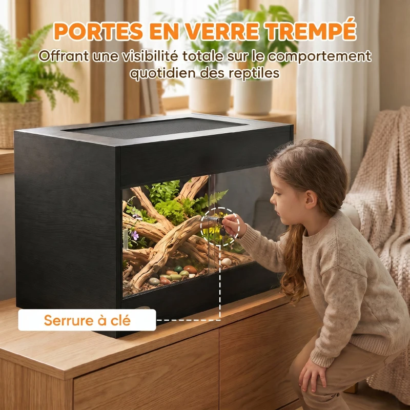 PawHut Terrarium pour Reptiles en Bois OSB, Porte en Verre Trempé, Serrure Sécurisée et Couvercle en Filet, 60x45x45cm, Noir