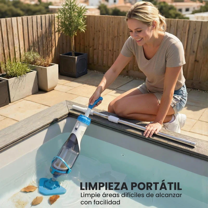 Outsunny Limpiafondos de Piscina Manual Inalámbrica con Cepillo y Barra Ajustable de 63-150 cm para Piscinas Pequeñas Azul