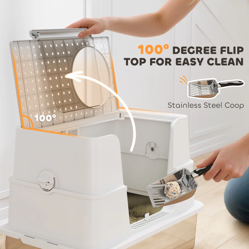 PawHut XL Stainless Steel Litter Box w/ 100° Flip Top, Scoop, Side Top Dual Entry, Odor Free, Easy Cleaning, Anti Leakage