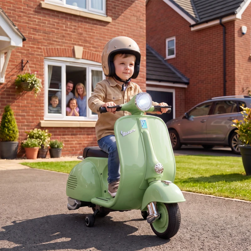 AIYAPLAY Moto Électrique pour Enfants 3+ Ans Licence VESPA, 7.2V, avec Rotelles Amovibles, 3-5 km/h, Max 30kg, Vert
