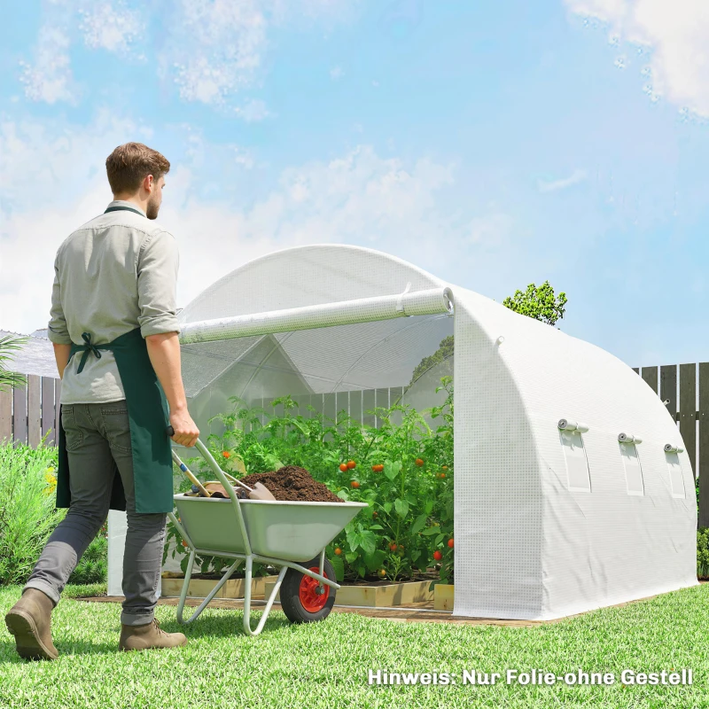 Outsunny Gewächshausfolie 3 x 3 m, wasserdicht Polyethylenfolie mit Rolltür, 6 Fenster, UV Schutz NUR Folie Weiß