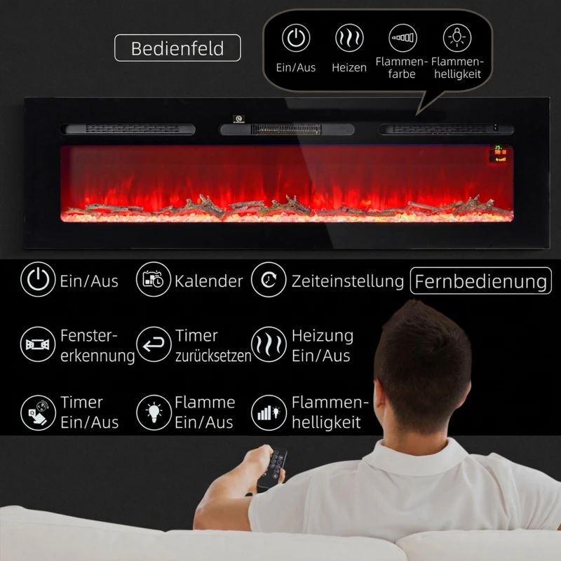 HOMCOM Elektrischer Kamin mit Wandhalterung und Fernbedienung, künstliche Holzscheite und Kristalle, 1800W Leistung, Schwarz
