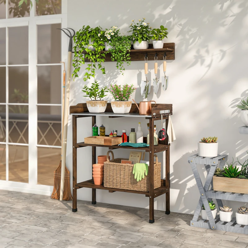 Outsunny Mesa de Jardinería de Madera con Superficie Metálica Estantes y Ganchos para Jardín Terraza 76x37x89 cm Carbonizado