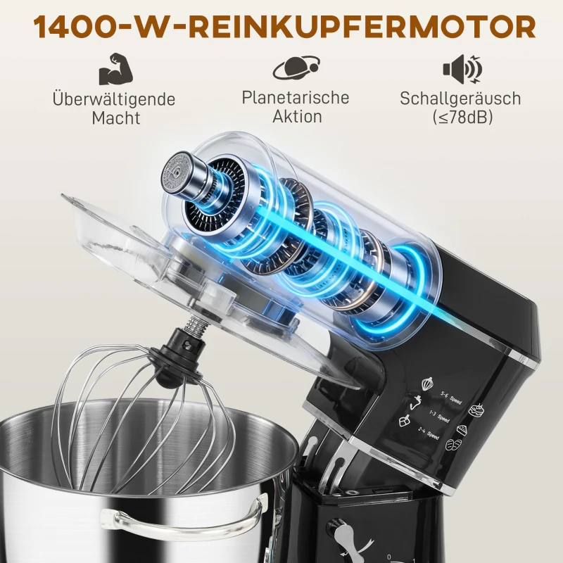 HOMCOM Küchenmaschine Knetmaschine mit 7L Edelstahlschüssel 1400W mit Kippkopf, Knethaken, Schneebesen, Rührbesen