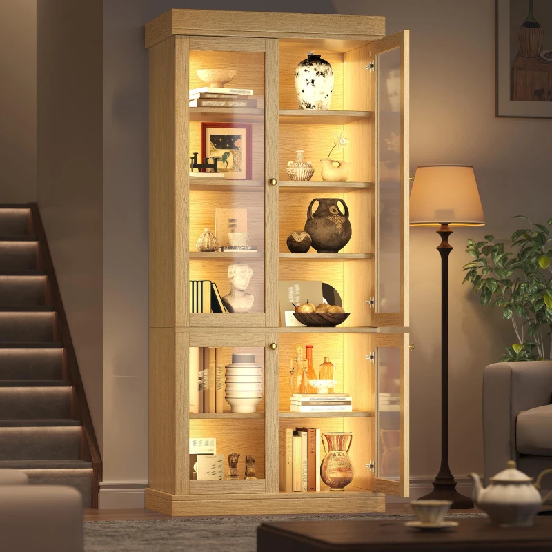 Modern Freestanding Display Cabinet with Height-Adjustable Shelves, LED Lighted Tall Showcase for Industrial Interiors, 80L x 40W x 180H cm, Natural
