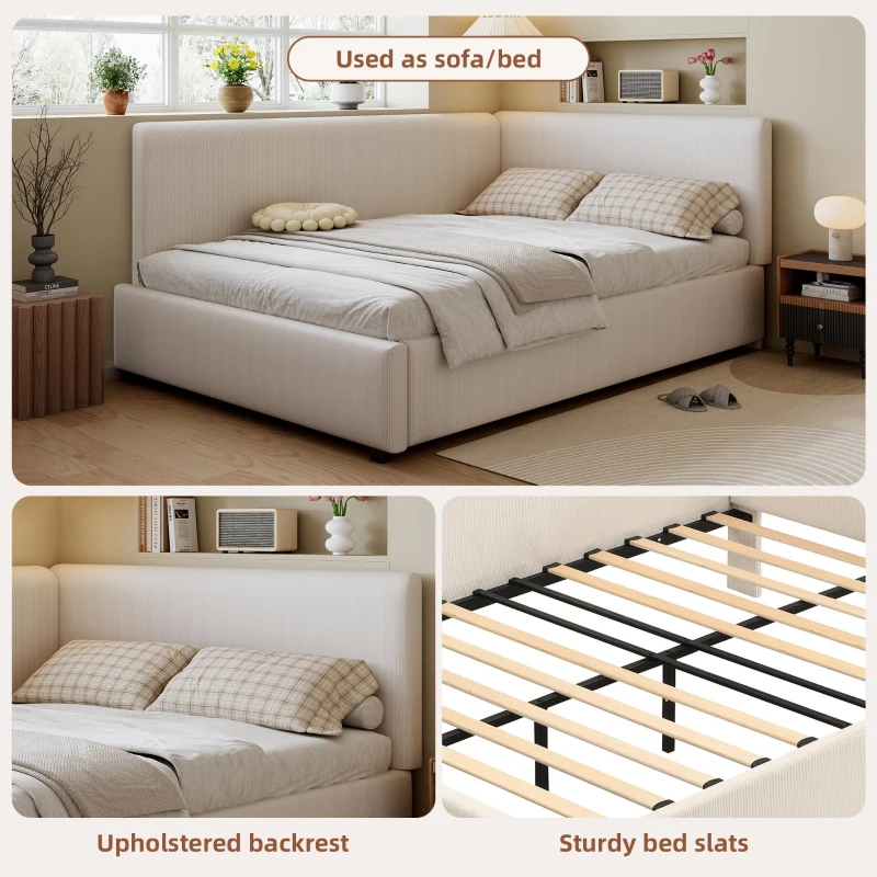 4ft6 Double Bed with Integrated Side Rails, Ideal Bed Frame for Children and Elderly Users, 194L x 146.5W x 82.5H cm, Beige