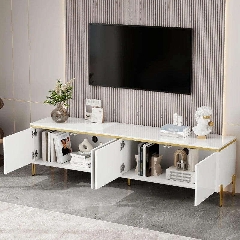 Spacious TV Stand with 4-Door Storage, Functional TV Cabinet for Modern and Italian Minimalist Living Rooms, 170L x 38W x 50H cm, White