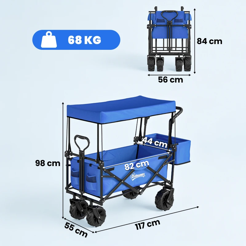 Outsunny Carro de Transporte Plegable con Toldo y Asa Telescópica Carga Máx. 68 kg para Playa Camping 117x55x98cm Azul