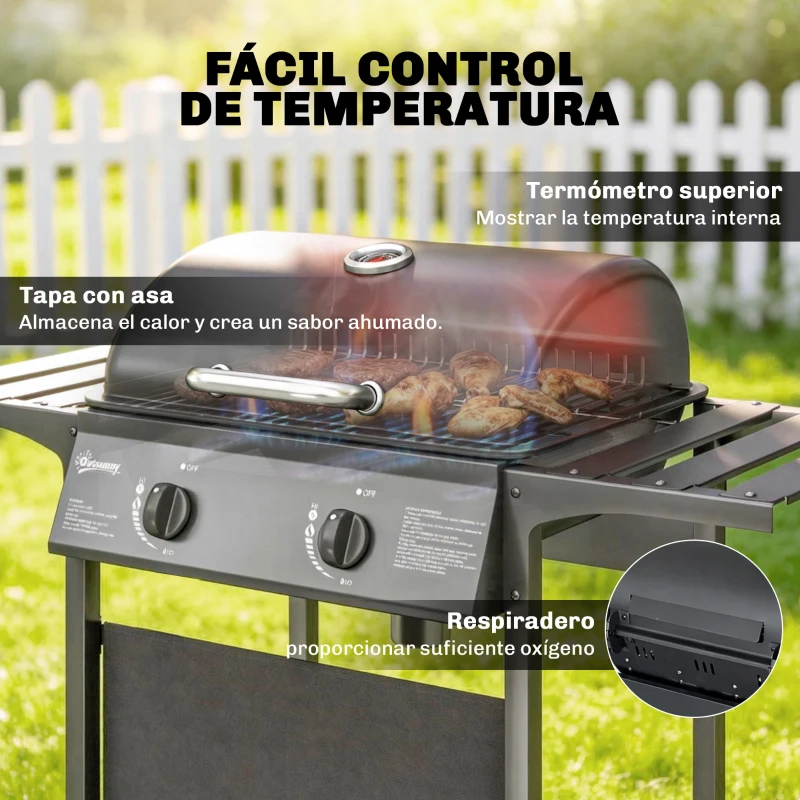 Outsunny Barbacoa de Gas BBQ Gas con 2 Quemadores 5 kW Termómetro Mesas Laterales Estante Rejilla Calentadora 2 Ruedas Negro