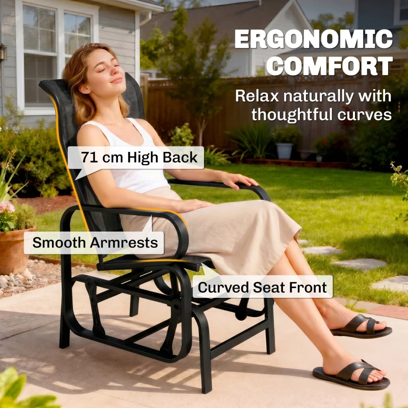 Outsunny Outdoor Gliding Rocking Chair with Sturdy Metal Frame Garden Comfortable Swing Chair, Black