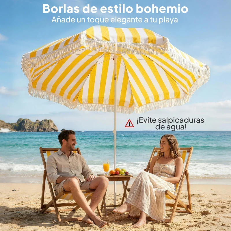 Outsunny Sombrilla de Playa con Flecos Ø180 cm Sombrilla de Terraza Exterior Altura Ajustable Inclinación 30° Amarillo y Blanco