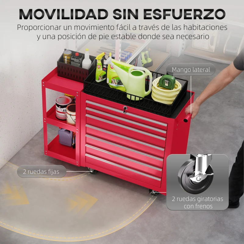 HOMCOM Carro de Herramientas con 7 Cajones Estantería de 3 Niveles Desmontable Sistema de Cierre Central Asa Rojo