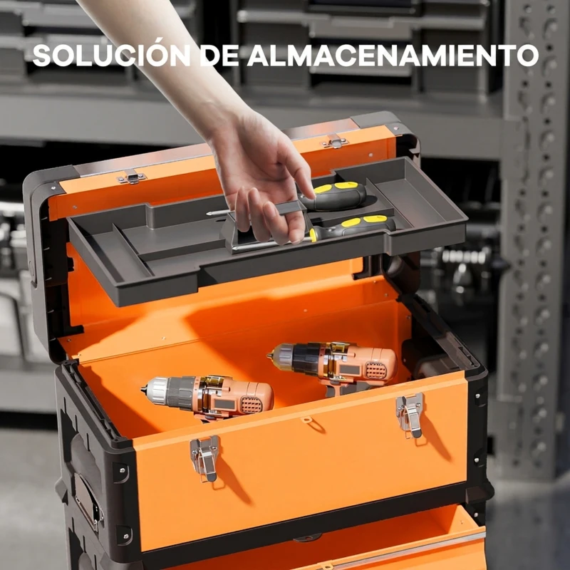 HOMCOM Caja de Herramientas con Ruedas Apilable Carro de Herramientas de Acero con Bandeja Mango Telescópico Naranja y Negro